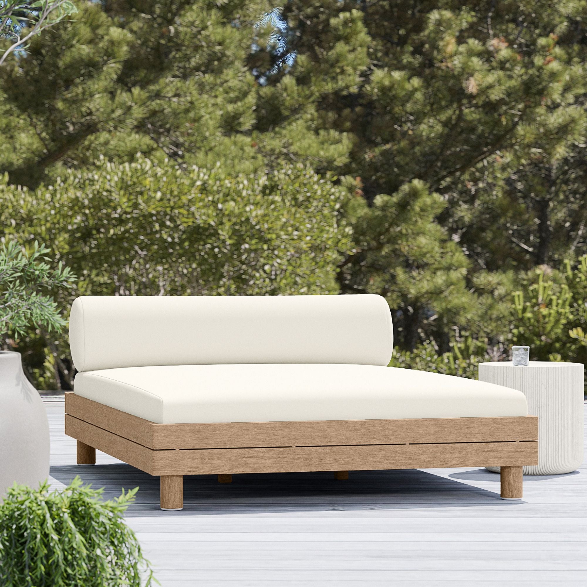 Modern Outdoor Wooden Daybed Lounge with Cream Cushions