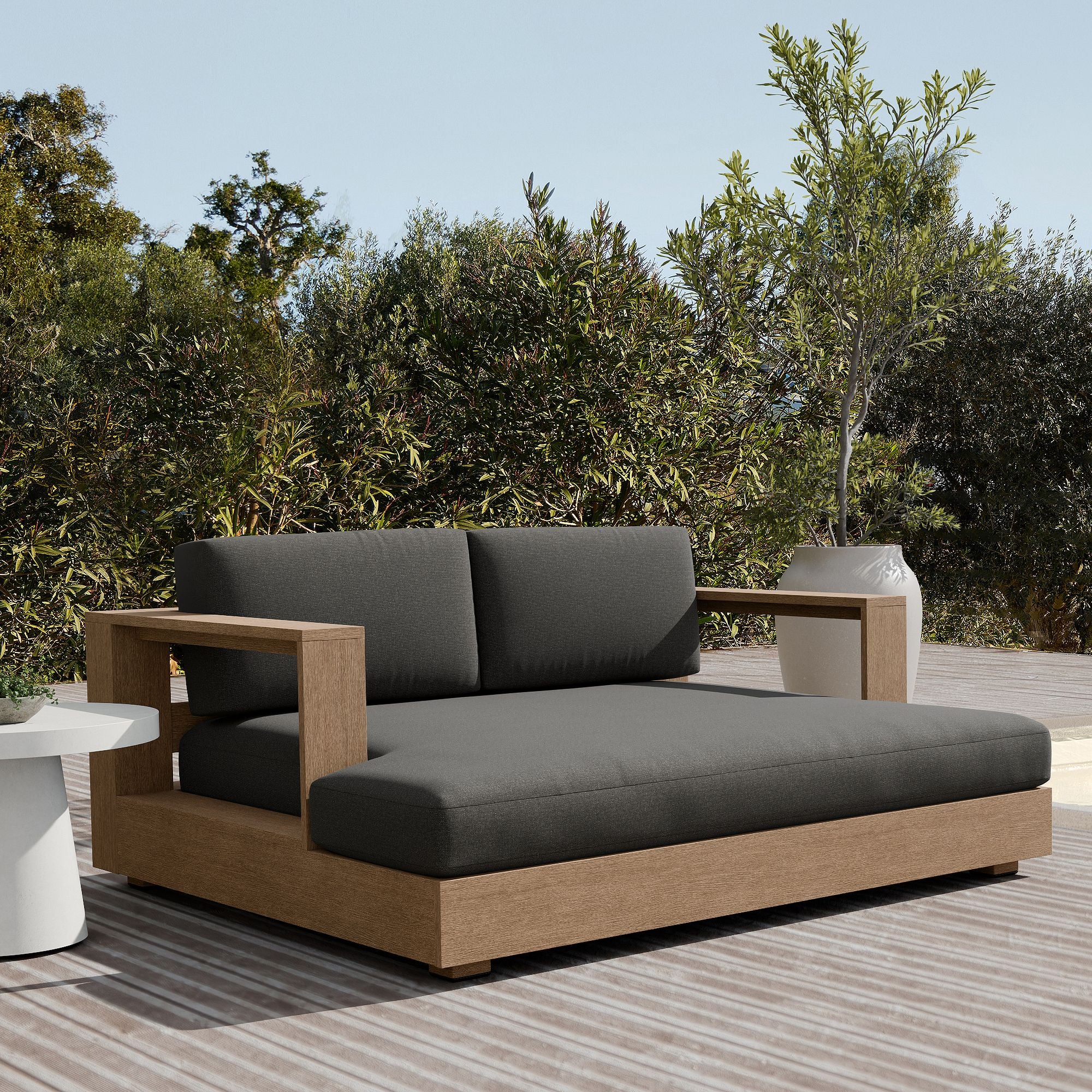 Modern Outdoor Wooden Lounge Sofa with Dark Gray Cushions